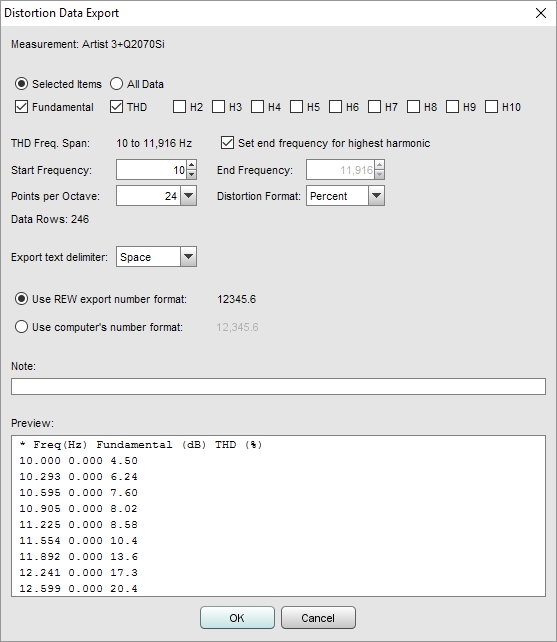 Distortion Data Export Settings