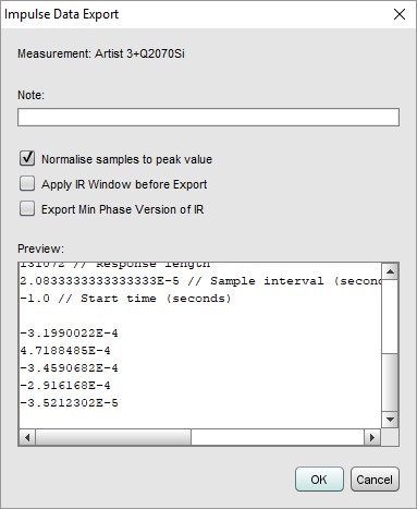 Impulse Response Text Export Settings